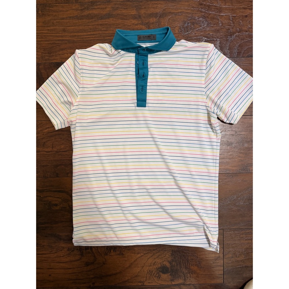 G/FORE Mens Multi Color Stripe Golf Polo Shirt Teal Collar White Medium